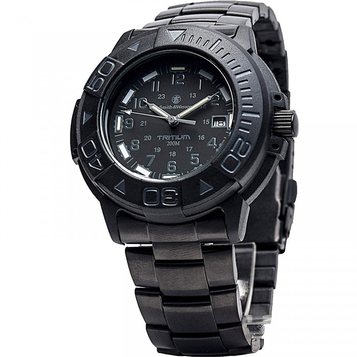 Часы с тритиевой подсветкой Smith and Wesson Diver Black, стальной и резиновый ремешки